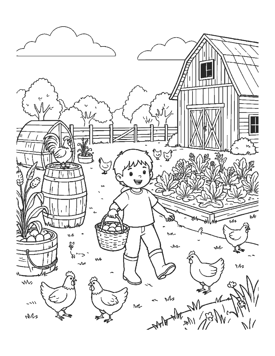 Line drawing of a child carrying a basket of eggs with hens following