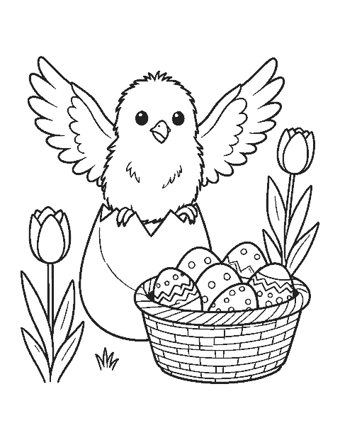 Line drawing of a chick hatching next to a basket of decorated eggs and tulips