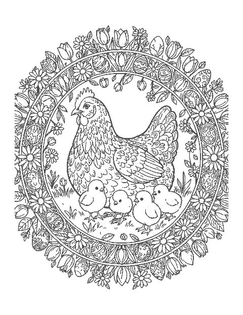 Line drawing of a hen with chicks inside a round border of flowers and eggs