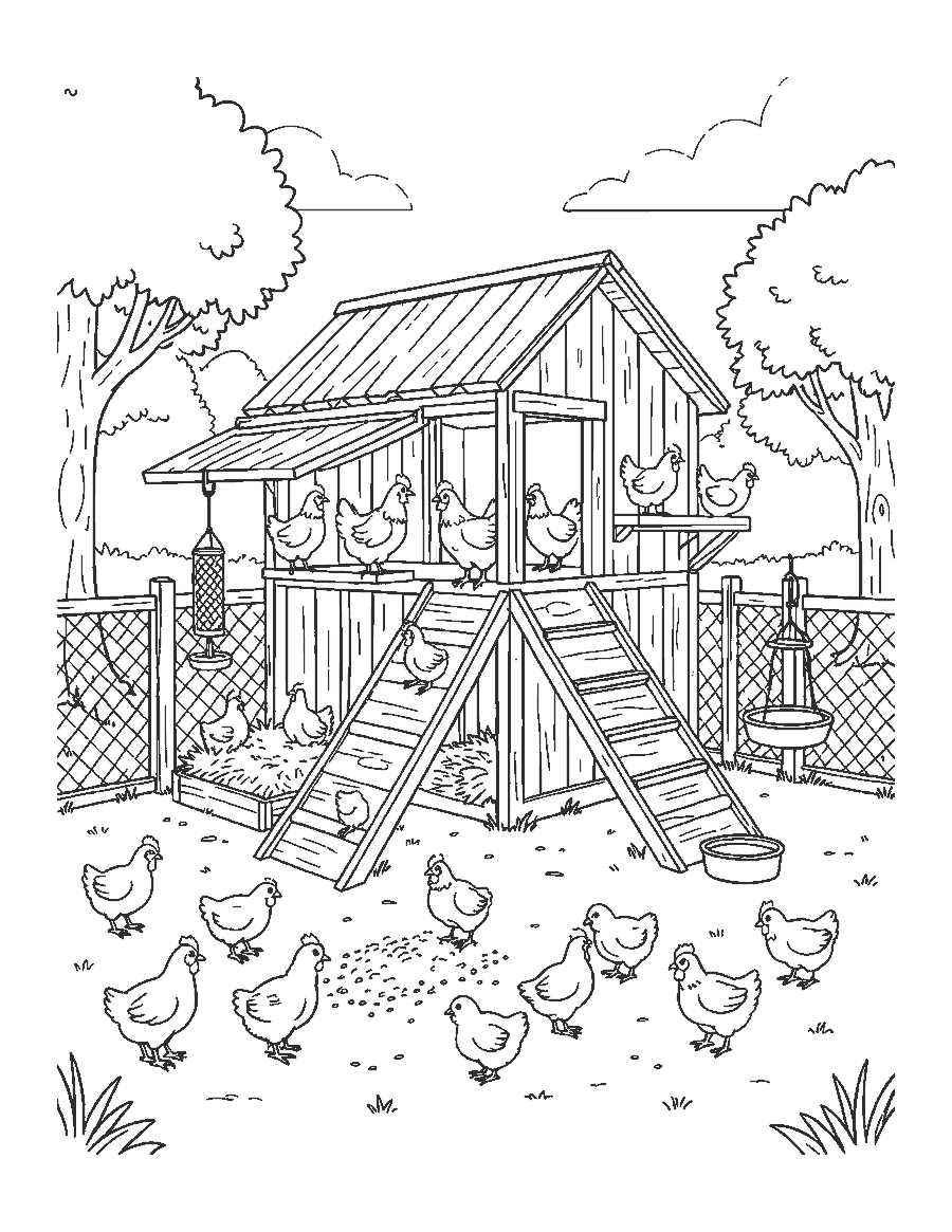 Line drawing of a chicken coop with hens in nesting boxes and chicks pecking grain