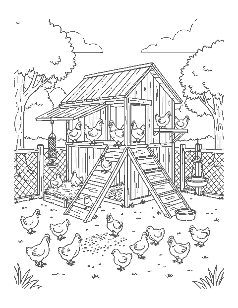 Line drawing of a chicken coop with hens in nesting boxes and chicks pecking grain