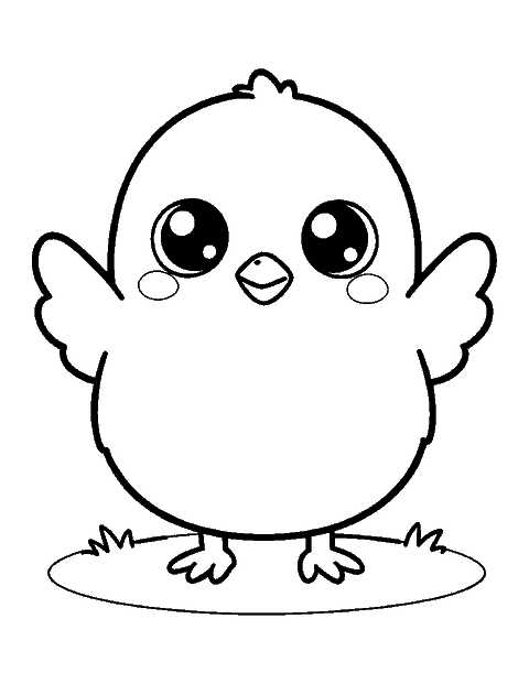 Line drawing of a cute round baby chick waving its tiny wings