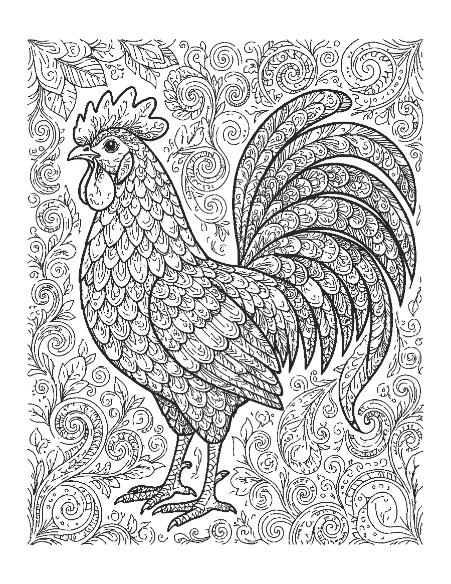 Line drawing of a rooster whose feathers are filled with swirls, scales and paisleys