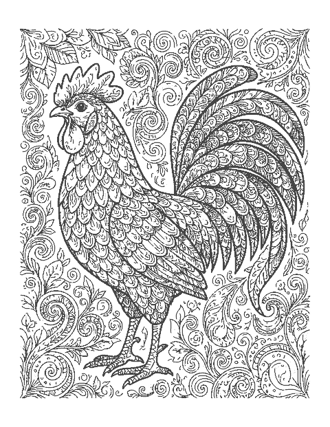 Line drawing of a rooster whose feathers are filled with swirls, scales and paisleys