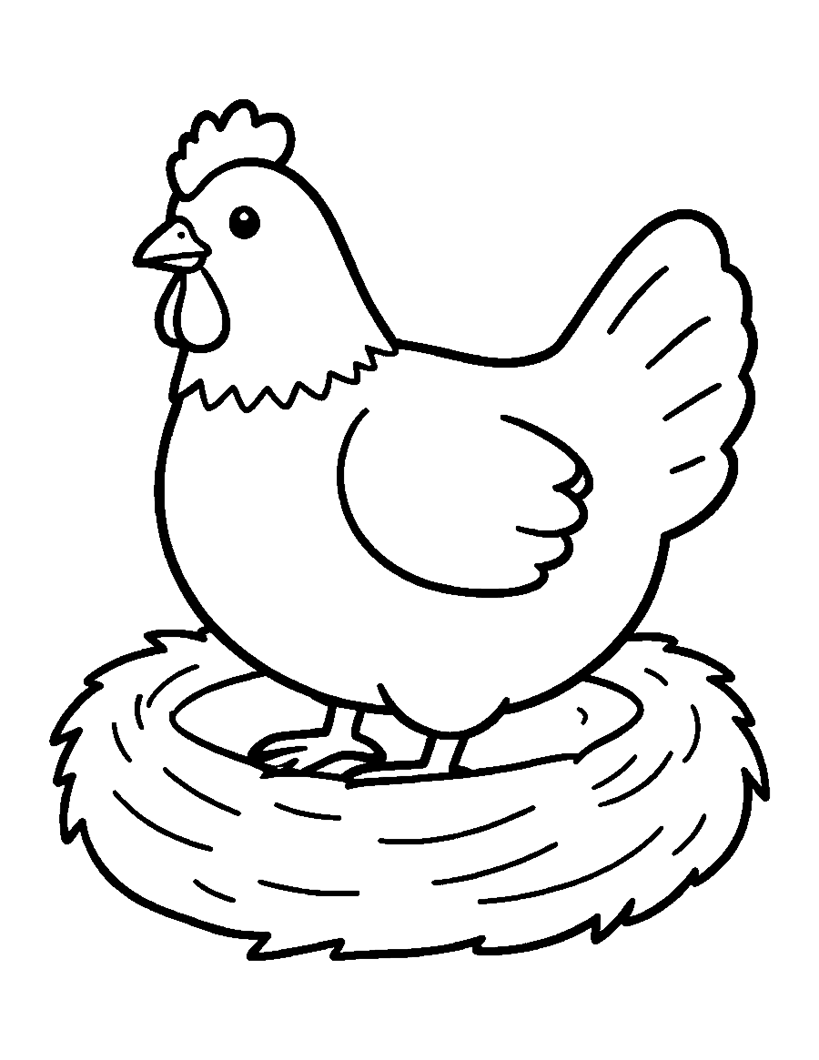 Line drawing of a plump hen sitting on a round straw nest