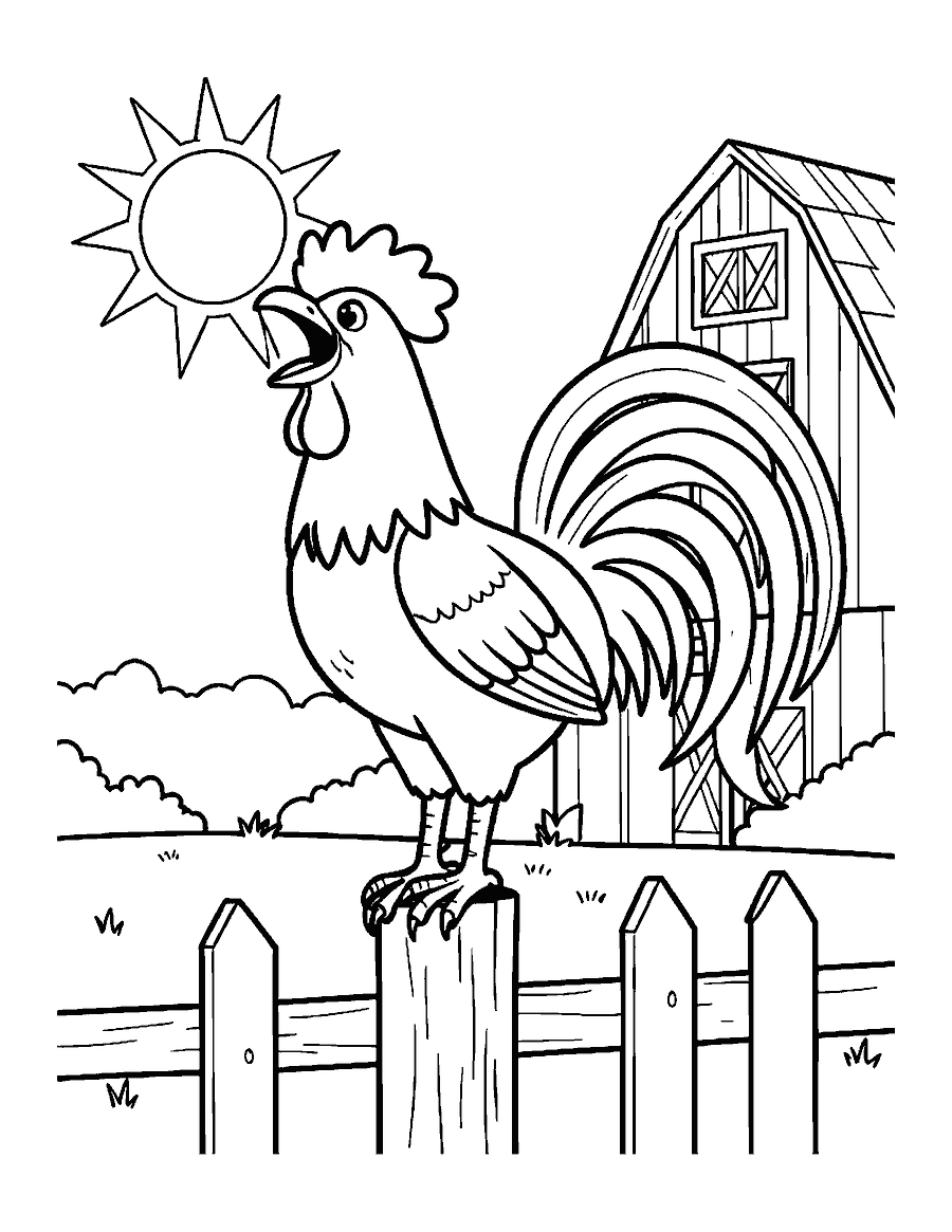 Line drawing of a rooster crowing on a fence post at sunrise