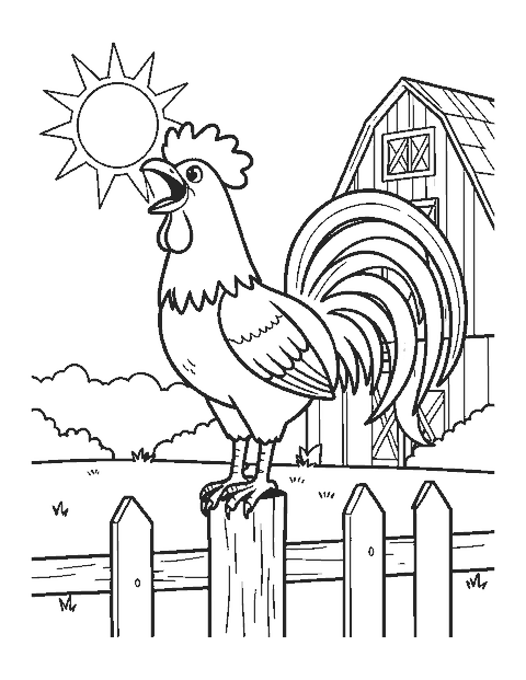 Line drawing of a rooster crowing on a fence post at sunrise