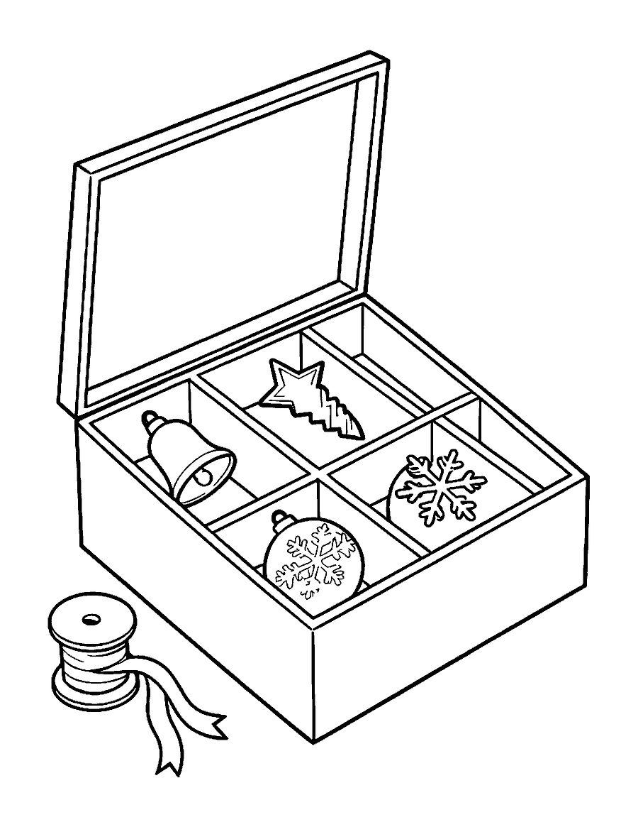 Line drawing of an open box holding a bell, a star, an icicle and other ornaments