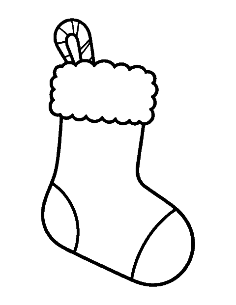 Line drawing of a Christmas stocking with a fluffy cuff and a candy cane