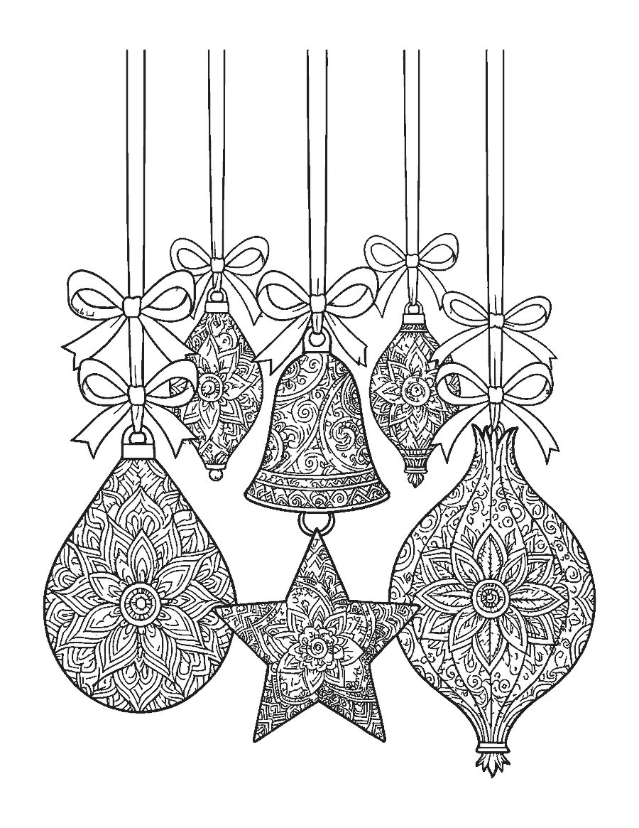 Line drawing of five ornaments of different shapes filled with doodle patterns
