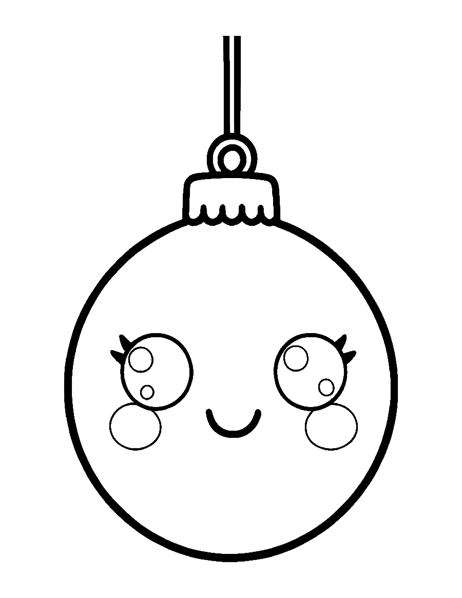 Line drawing of a cute round Christmas ornament with a smiling face and a bow