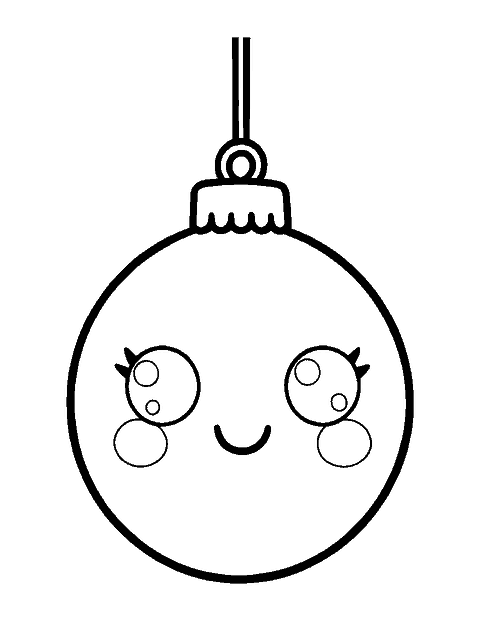 Line drawing of a cute round Christmas ornament with a smiling face and a bow