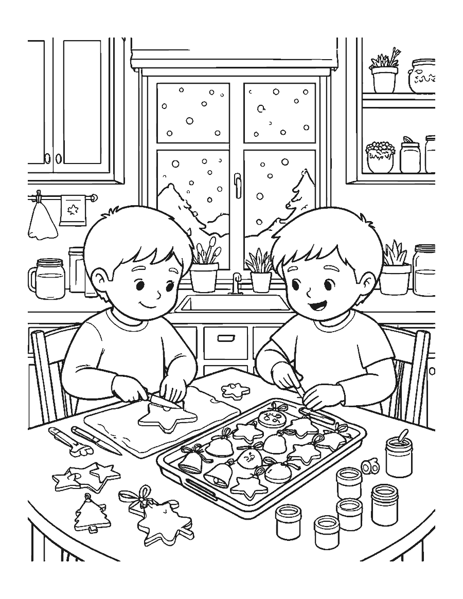 Line drawing of a child and parent making salt dough ornaments at a kitchen table