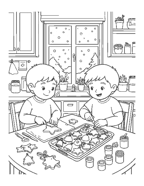 Line drawing of a child and parent making salt dough ornaments at a kitchen table
