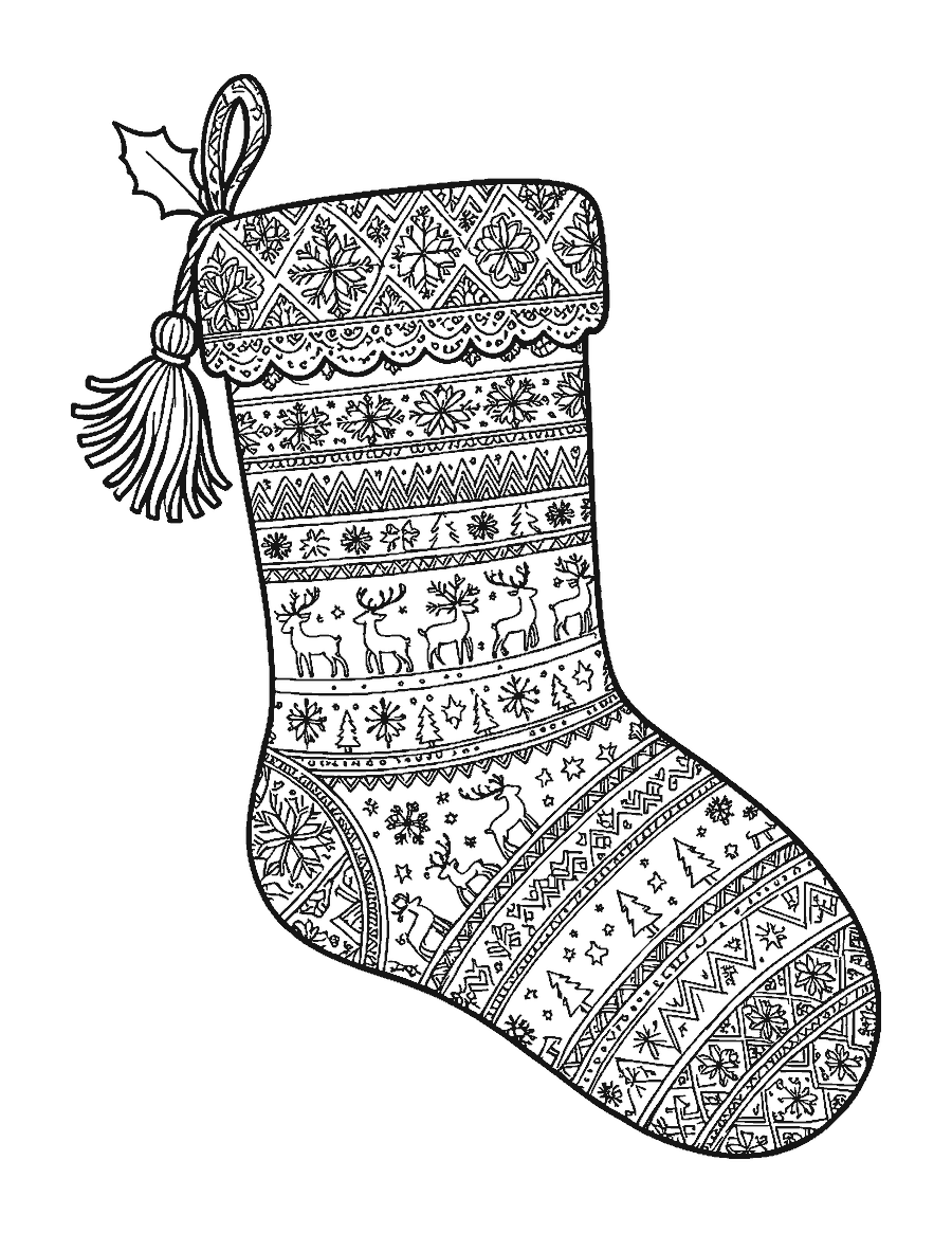 Line drawing of a large stocking covered in Nordic folk patterns with a lace cuff