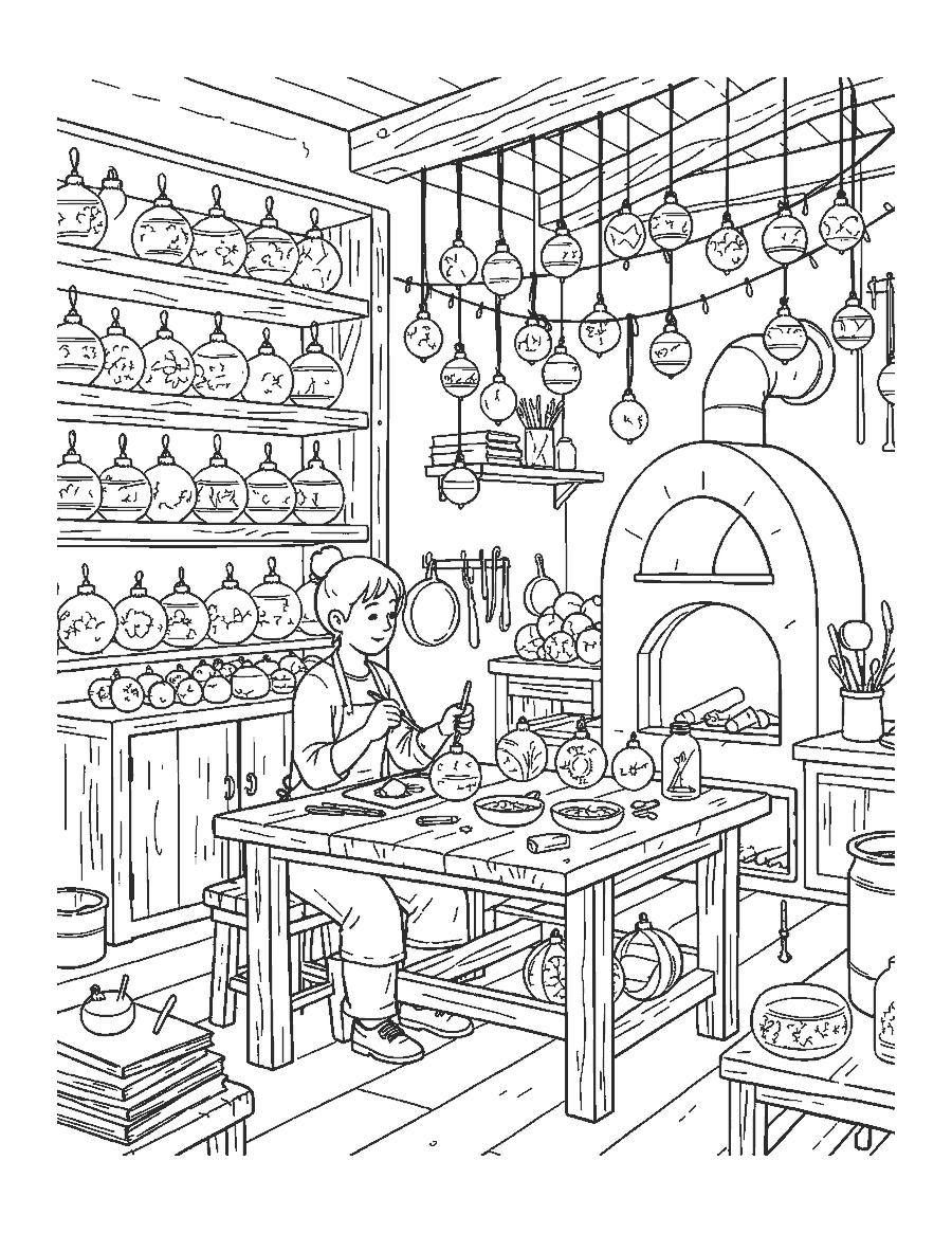 Line drawing of a craftsperson painting glass ornaments in an old workshop