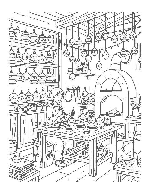 Line drawing of a craftsperson painting glass ornaments in an old workshop