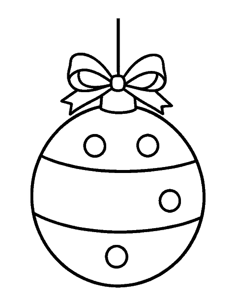 Line drawing of a big round Christmas ornament with a bow and a stripe