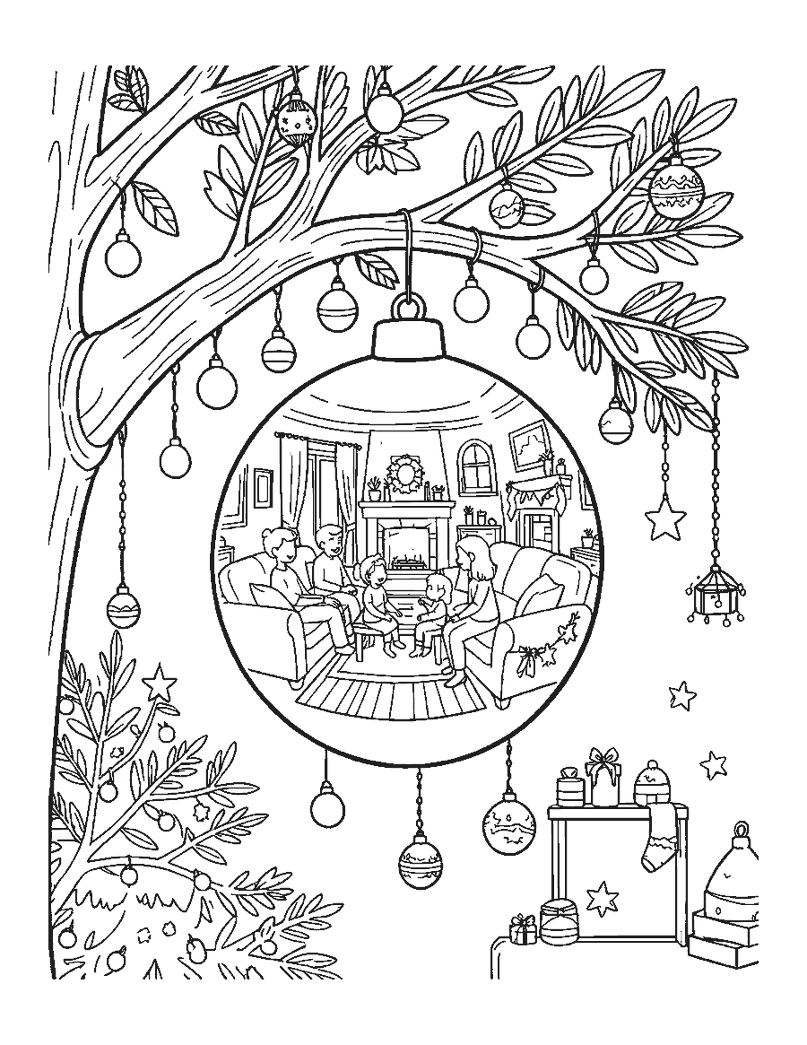 Line drawing of a big ornament reflecting a living room, on a decorated branch