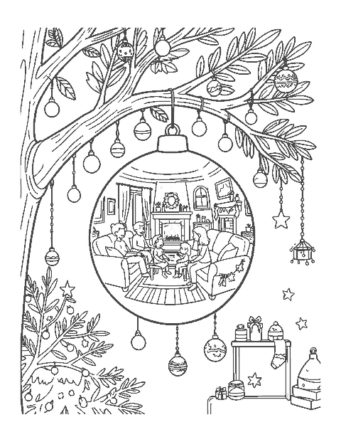 Line drawing of a big ornament reflecting a living room, on a decorated branch