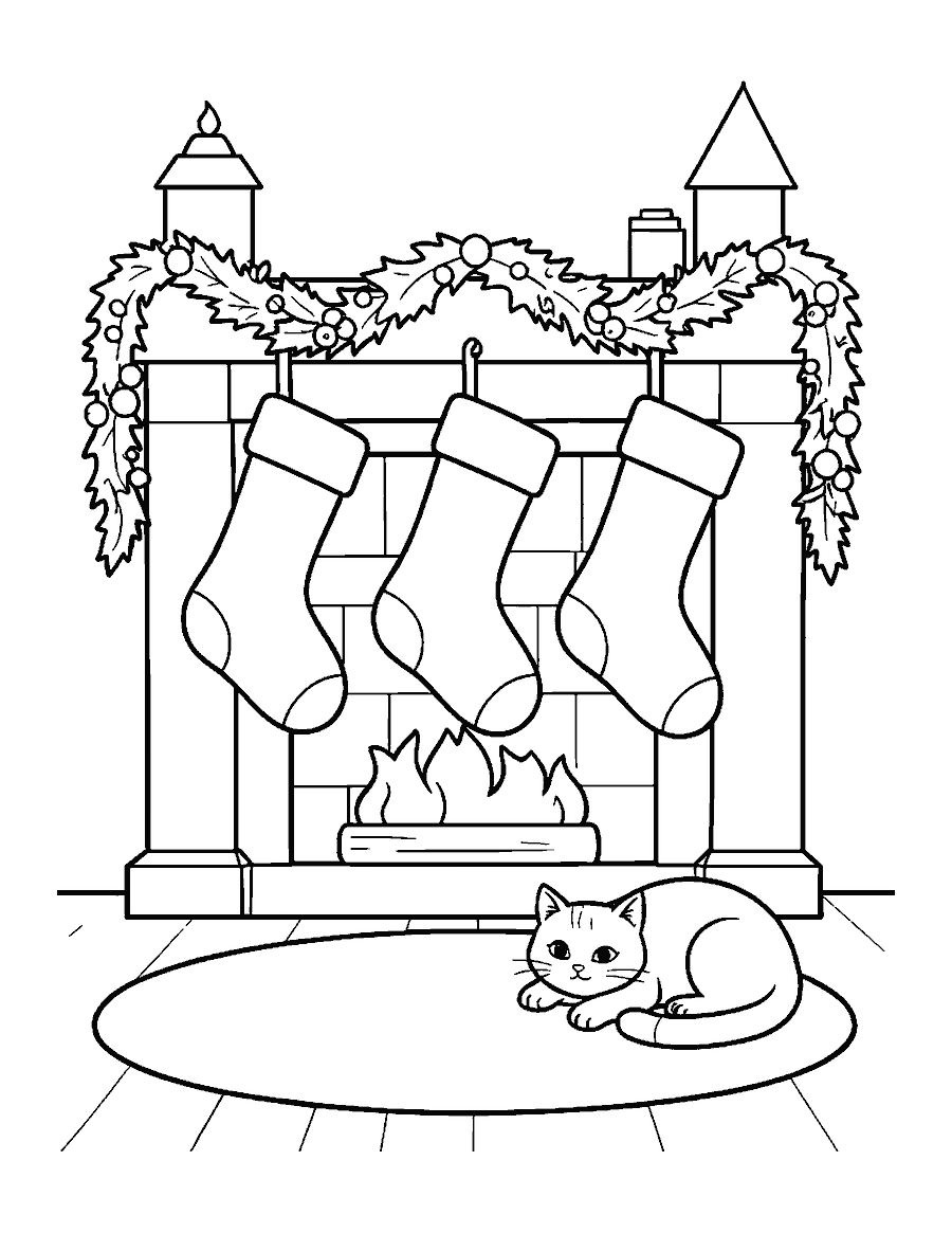 Line drawing of three stockings on a mantel with a garland and a sleeping cat