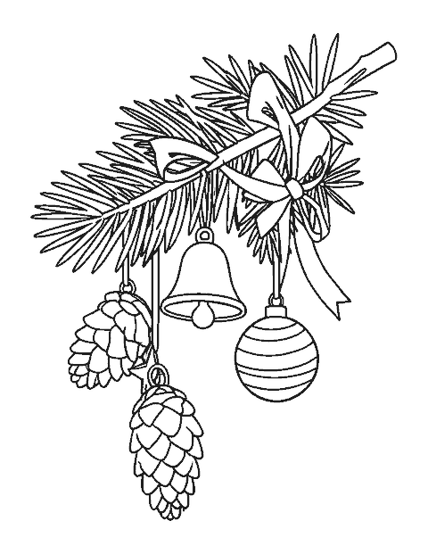 Line drawing of a bell, a star and a striped bauble hanging from a pine branch with pine cones