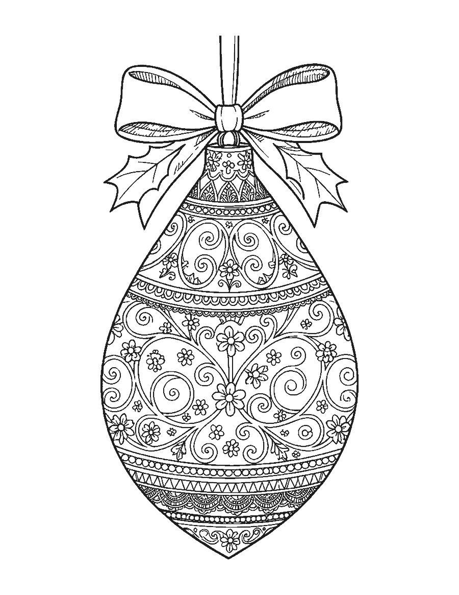 Line drawing of an ornate teardrop Christmas ornament with filigree scrolls and a holly bow