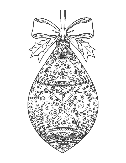 Line drawing of an ornate teardrop Christmas ornament with filigree scrolls and a holly bow