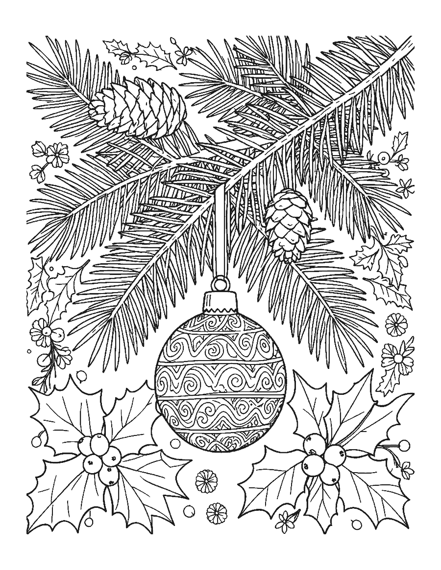 Line drawing of a detailed fir branch with pine cones, holly and a patterned glass bauble
