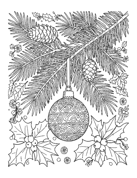 Line drawing of a detailed fir branch with pine cones, holly and a patterned glass bauble