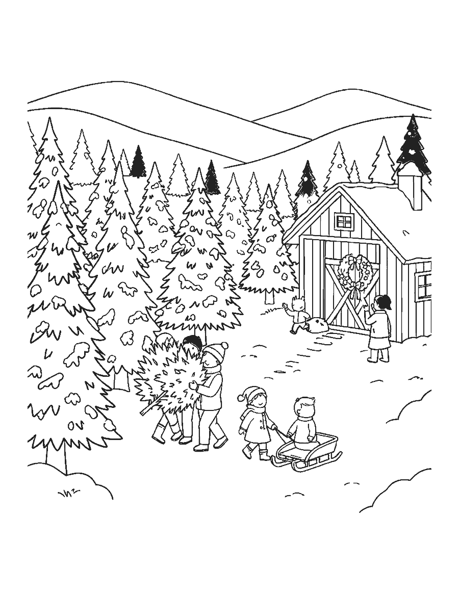 Line drawing of a family carrying a tree through rows of firs at a tree farm