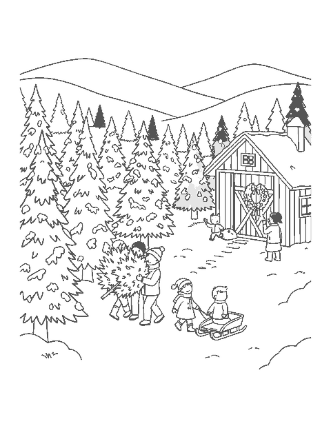 Line drawing of a family carrying a tree through rows of firs at a tree farm