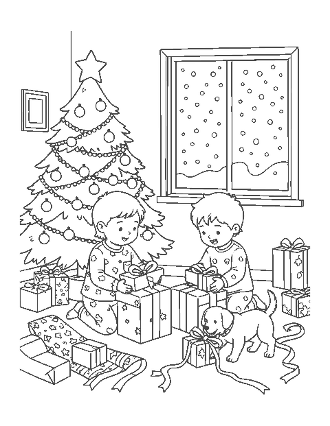 Line drawing of two children and a puppy opening presents beside a decorated Christmas tree