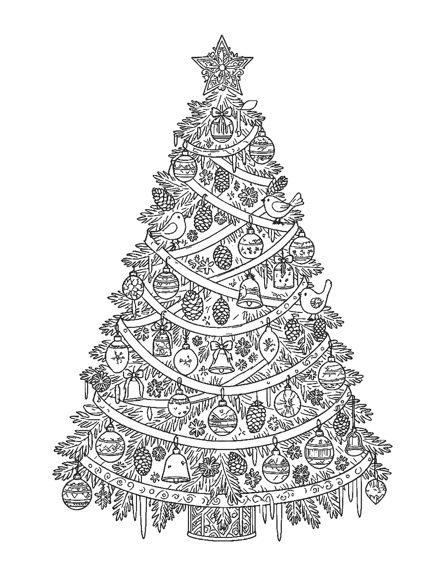 Line drawing of a tall Christmas tree covered in detailed ornaments, garlands and a filigree star