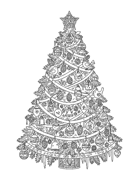 Line drawing of a tall Christmas tree covered in detailed ornaments, garlands and a filigree star