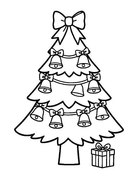 Line drawing of a Christmas tree hung with jingle bells and ribbon bows and a small present