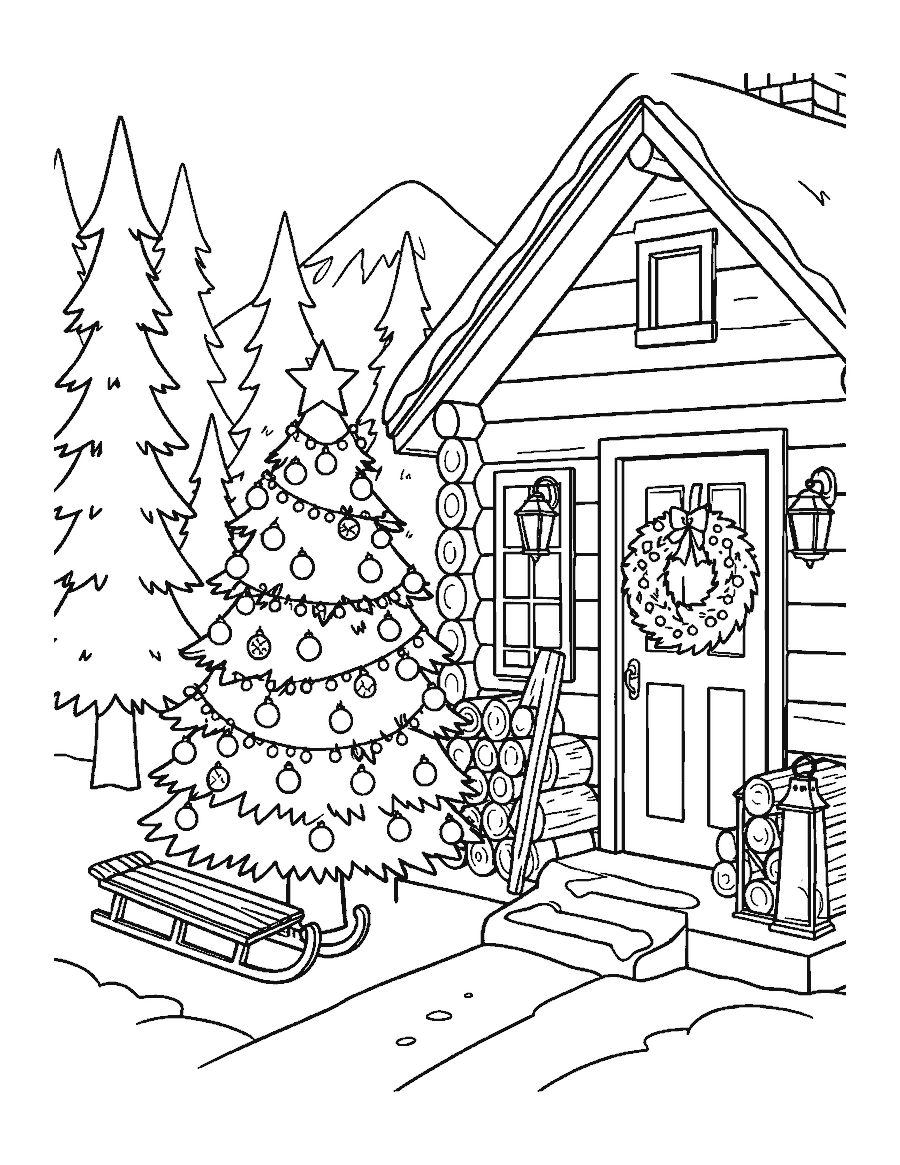 Line drawing of a decorated Christmas tree on a snowy log cabin porch with a sled and firewood