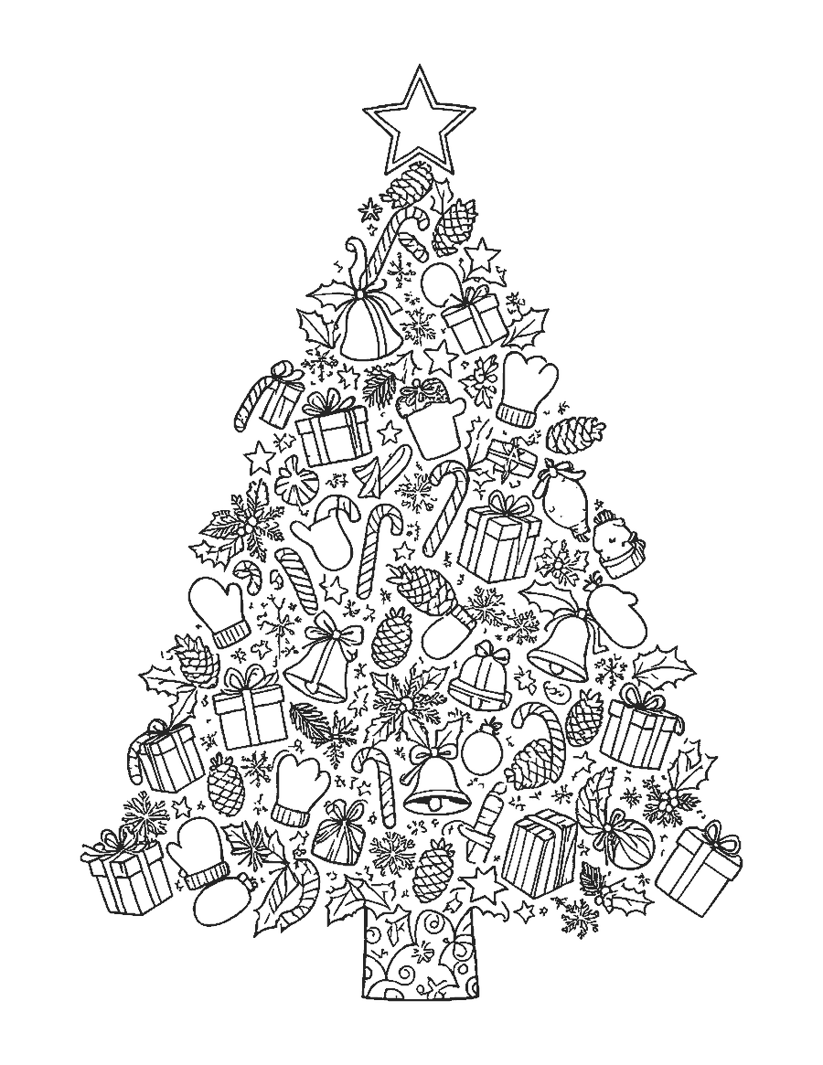 Line drawing of a Christmas tree shape filled with doodles of mittens, candy canes, presents and bells