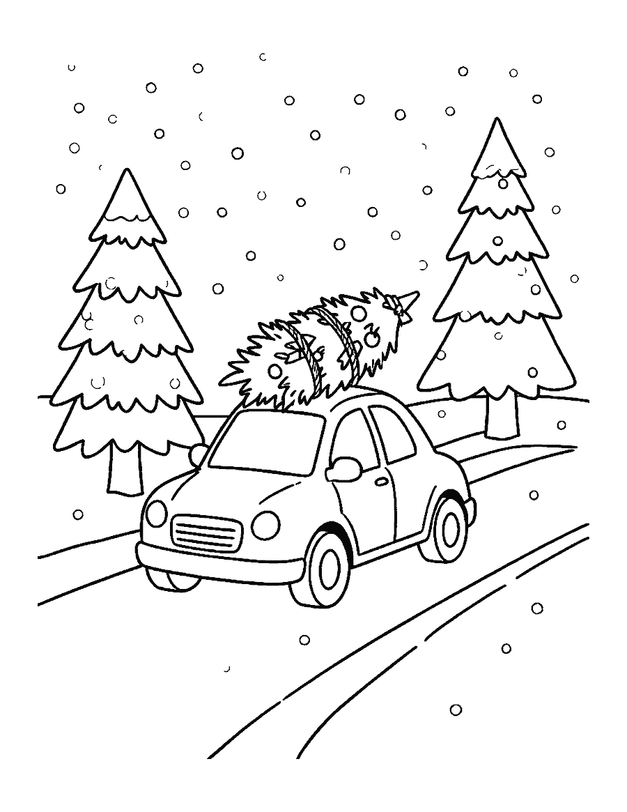 Line drawing of a car with a Christmas tree tied to its roof on a snowy road