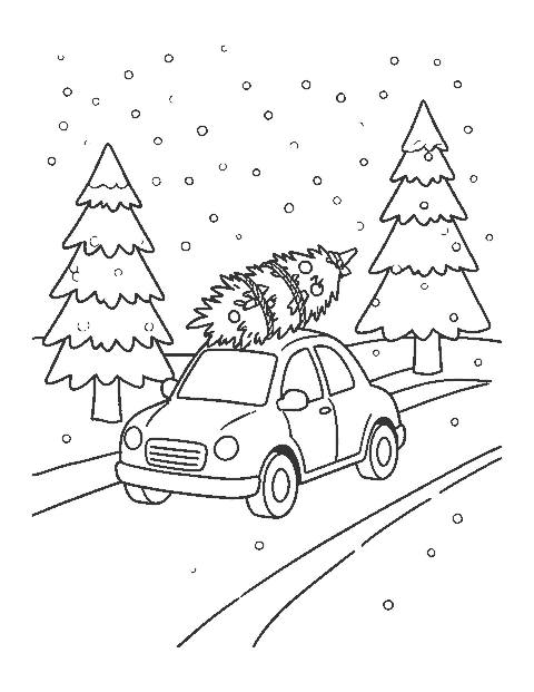 Line drawing of a car with a Christmas tree tied to its roof on a snowy road