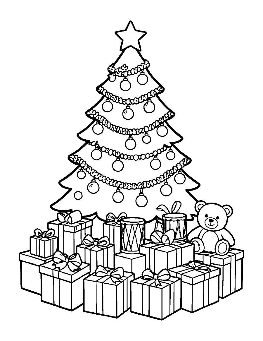 Line drawing of a decorated Christmas tree with a pile of presents, a teddy bear and a drum