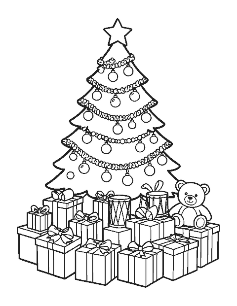 Line drawing of a decorated Christmas tree with a pile of presents, a teddy bear and a drum