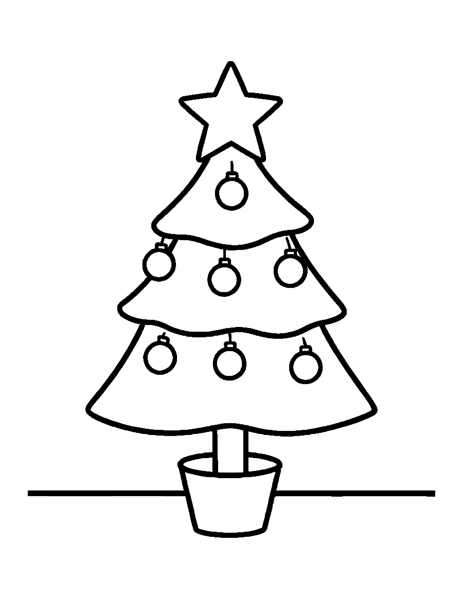 Line drawing of a simple three-tier Christmas tree with ornaments and a star