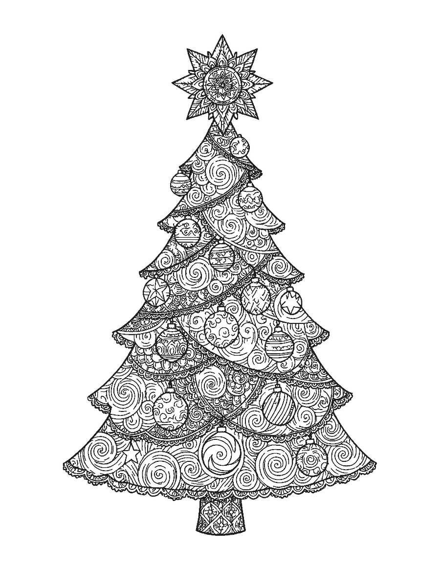 Line drawing of a Christmas tree filled with doodle patterns and baubles