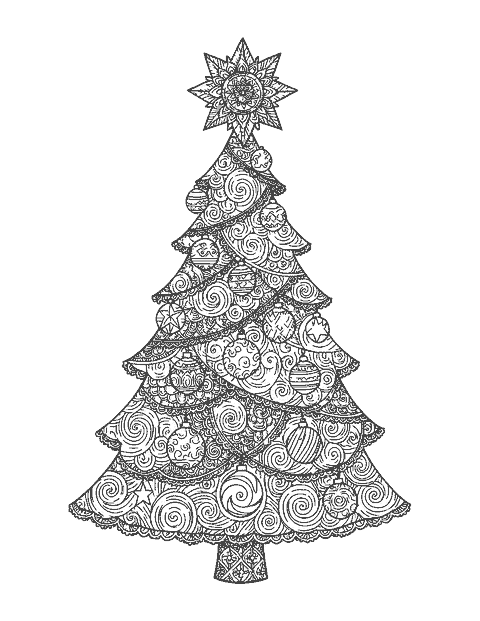 Line drawing of a Christmas tree filled with doodle patterns and baubles