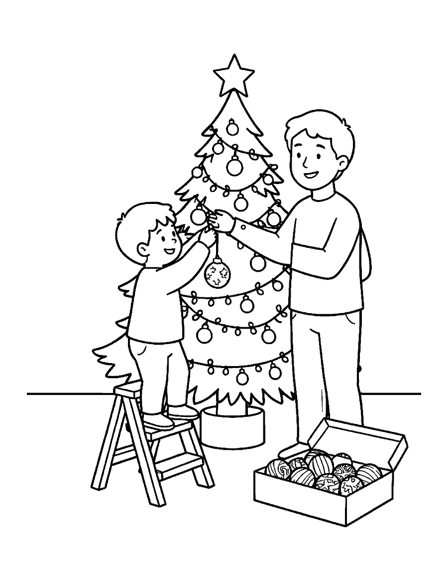 Line drawing of a child and parent decorating a Christmas tree with lights