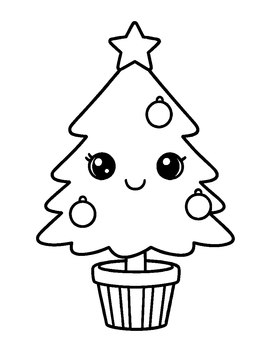 Line drawing of a cute smiling Christmas tree with baubles and a star in a striped pot