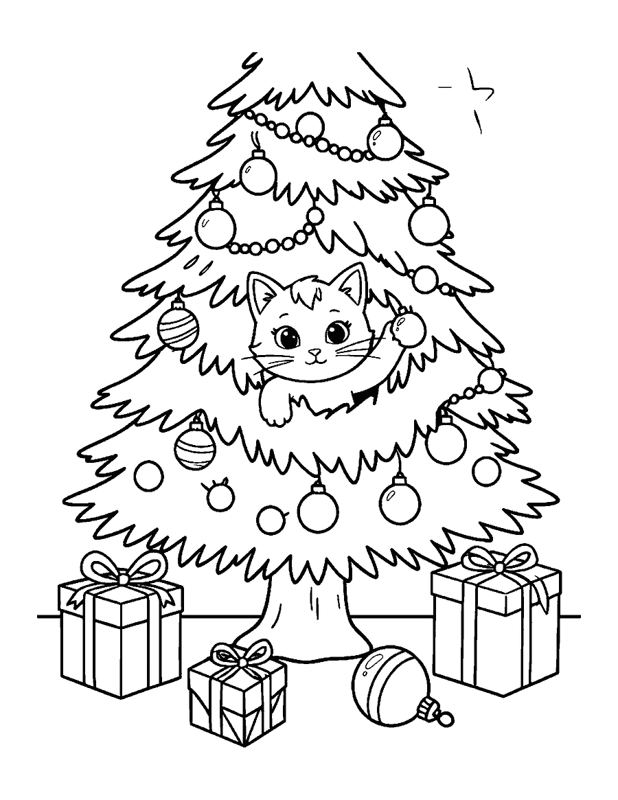 Line drawing of a kitten peeking out of a decorated Christmas tree