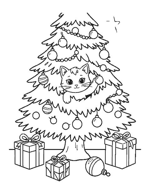 Line drawing of a kitten peeking out of a decorated Christmas tree