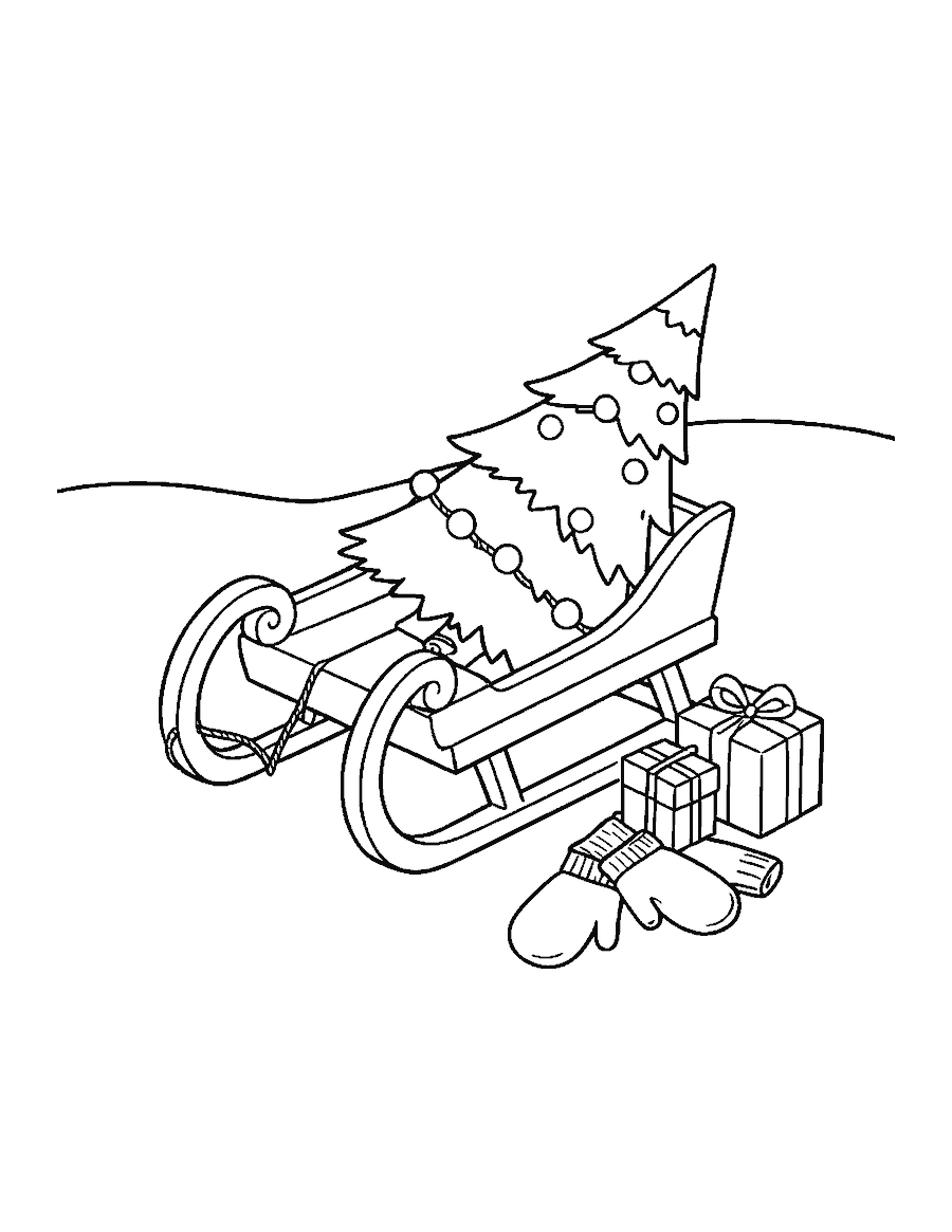 Line drawing of a small Christmas tree in a wooden sled with two presents and mittens
